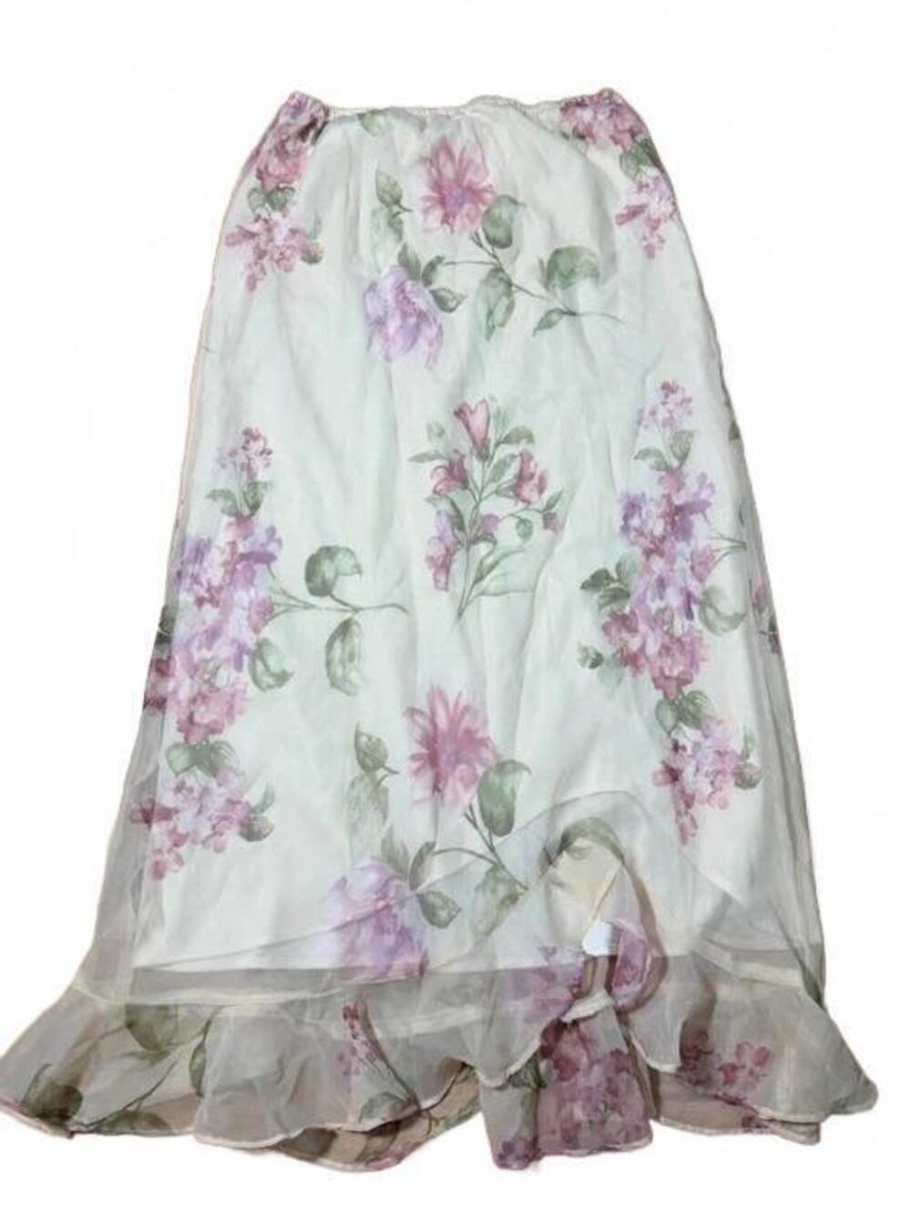 90s Y2K Feminine White Floral Midi Skirt With Ruffle Hem Size 6